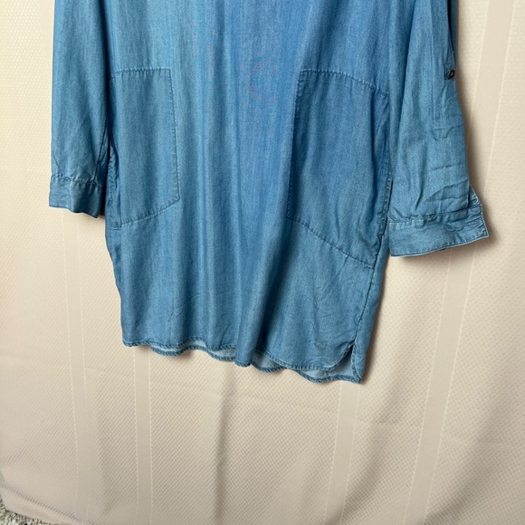 C&C California Blue Denim Tunic Shirt Dress Collared Roll Tab Sleeve Size Large - Picture 6 of 13
